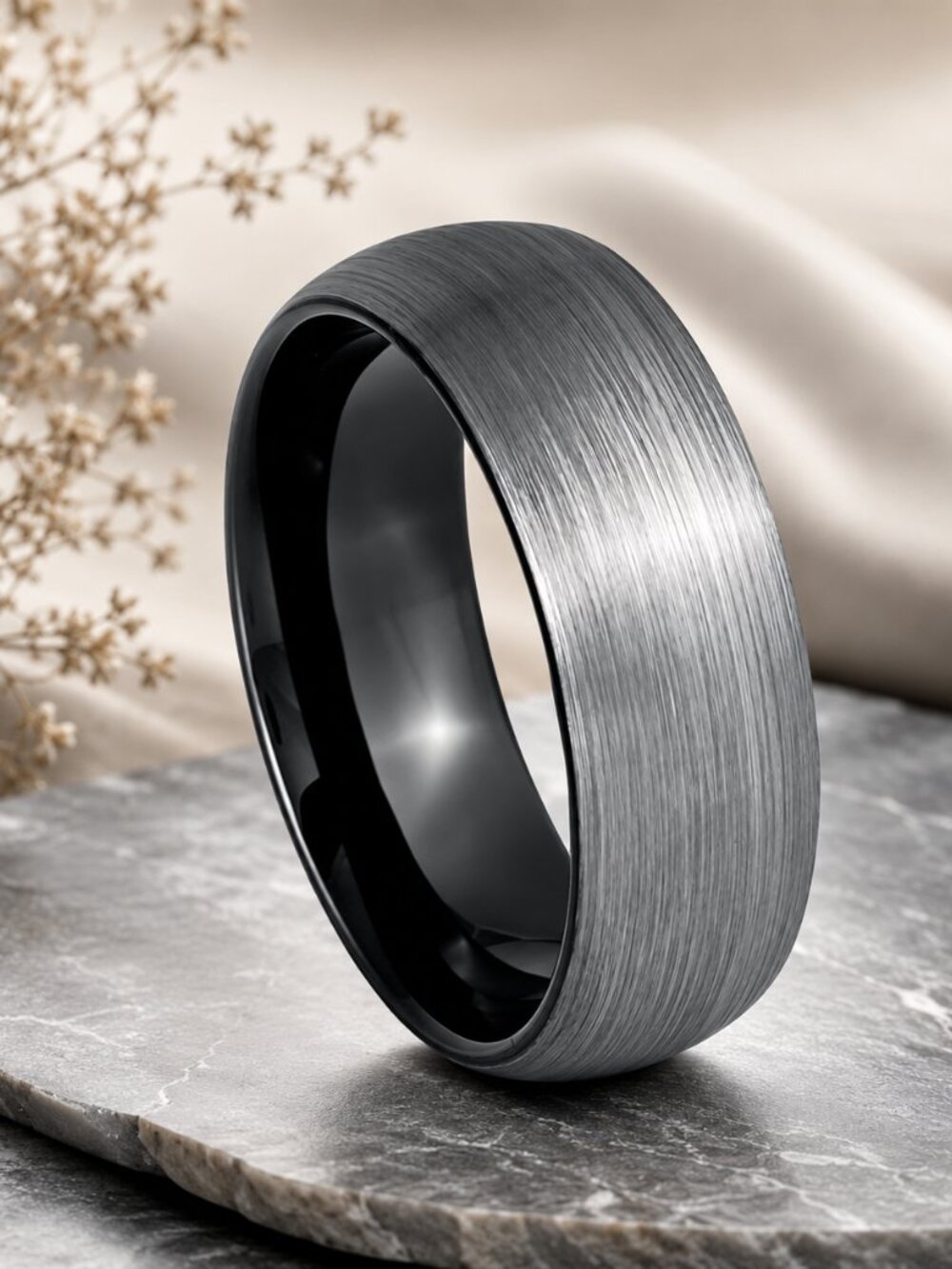 Silver & Black Brushed Tungsten Wedding Band Ring - GALTUN1078-7.5